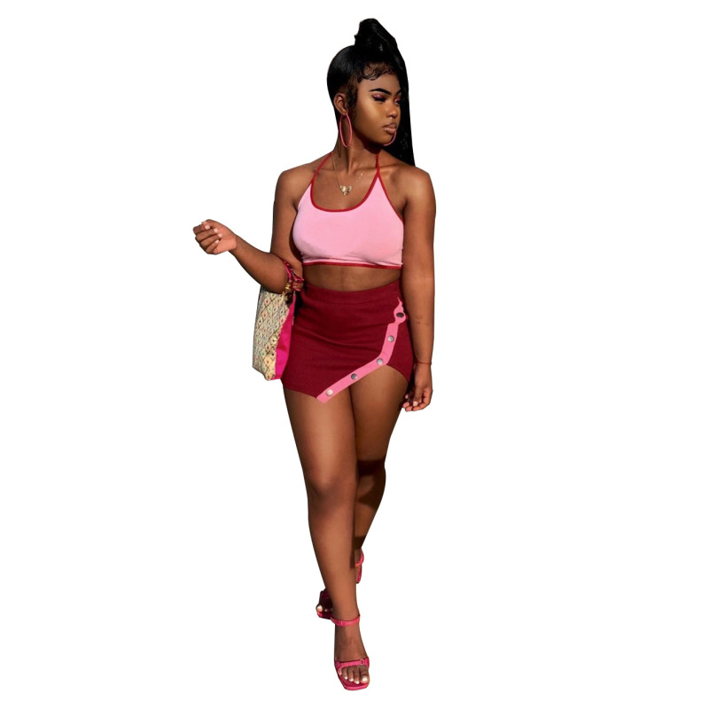 2022 Summer Color Blocking Women Two Piece Suit Tank Tops Miniskirt Outfits Backless Rivet Irregular Casual Skirt Sets