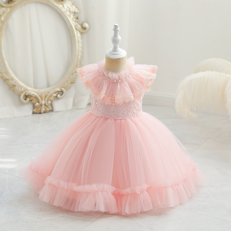 Conyson Hot Sale flower Girl Dress Mesh Birthday Princess Dress Puff European Style Embroidery Pearls Collar Sleeveless Dress