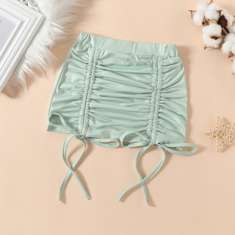 Conyson Wholesale Fashion Toddler Kids Girls Clothes Sets Summer Solid Tie-Up Straps Sleeve Crop Tops + Elastic Waist Ruffles