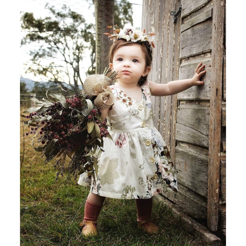 Conyson Wholesale Summer New Kids Clothes Children Baby Girls Sleeveless Printed Skirt Button Big Flower Cotton Baby Girls Dress