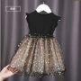 Fashionable New Puffy Net Yarn Baby Girls Birthday Wedding Party Kids Star Print Sequin Long Sleeve Girls Dresses