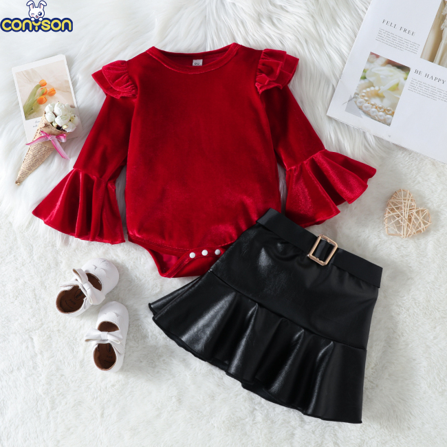 Conyson Christmas Baby Girls Boutique Clothes Cotton 2 Pieces Girls Wear Romper Leather Dress Long Sleeve Princess Dresses