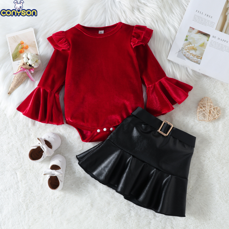 Conyson Christmas Baby Girls Boutique Clothes Cotton 2 Pieces Girls Wear Romper Leather Dress Long Sleeve Princess Dresses
