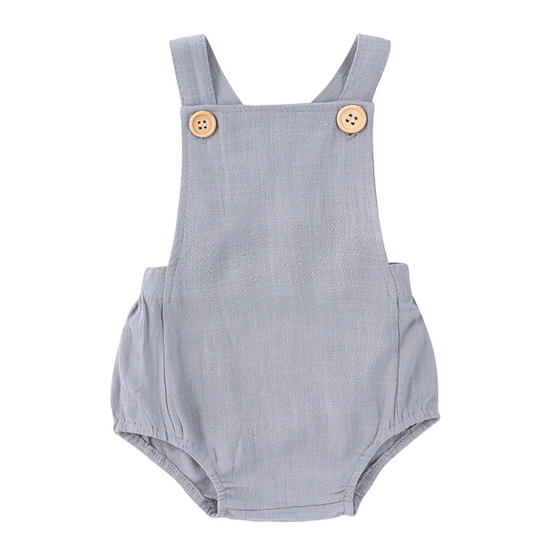 Conyson Wholesale Summer Pure Color Button Short Sleeve Bodysuit Girls Linen Newborn Suspenders Triangle Rompers for Toddlers