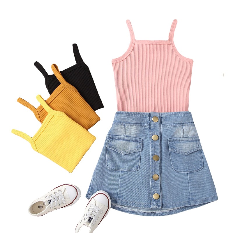 2021 New Infant Kid Girl Bright Color Sleeveless Tank Top + Denim Skirt 2 Pcs Clothing Set 1-5 T