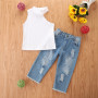 Conyson Wholesale Kids Clothes Fashion Summer Kids Girls Clothes Sets 2pcs Off Shoulder Halter Solid Tops Hole Blue Denim Pants