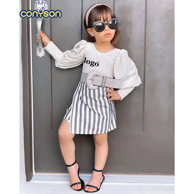 Conyson Spring Autumn New Arrivals Two Piece Set Puff Sleeve Tops Stripe Hypotenuse Short Skirt Baby Girls' Clothing Sets