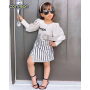 Conyson Spring Autumn New Arrivals Two Piece Set Puff Sleeve Tops Stripe Hypotenuse Short Skirt Baby Girls' Clothing Sets