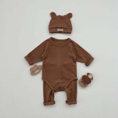 Conyson Wholesale Infant Girls Clothes Sets Cotton Solid Clothing With Bear Hat Pants Newborn Unisex Baby Romper Suit