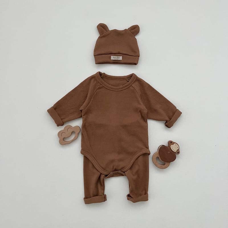 Conyson Wholesale Infant Girls Clothes Sets Cotton Solid Clothing With Bear Hat Pants Newborn Unisex Baby Romper Suit