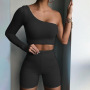 Summer Sports Women Suit Top Off Shoulder Top Two Piece Short Sets Irregular Personality Fitness Tracksuit