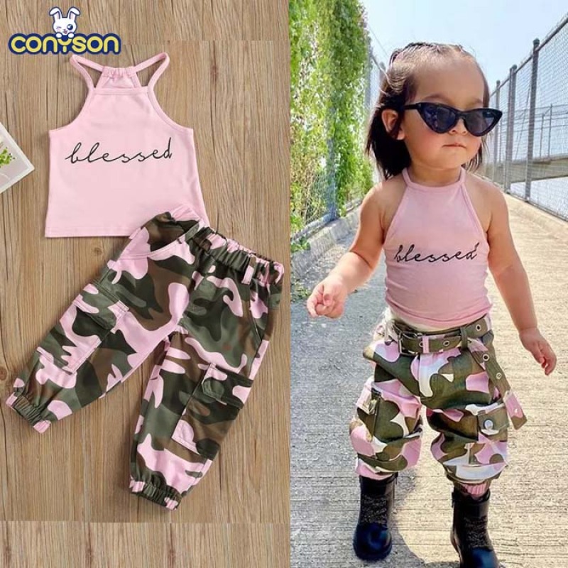 Conyson Fashion Summer Kids Clothing Letter Print Halter Top Pink Vest+Camouflage Long Pants Baby Girls Two-piece Outfits