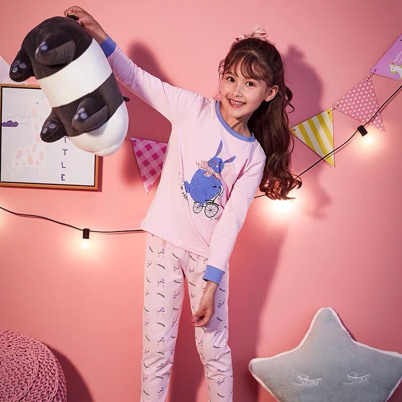 Wholesale Winter Pink Organic Cotton Ribbed Bamboo Cartoon Kids Pajama Girls' Sleepwear Kids Pyjamas Set