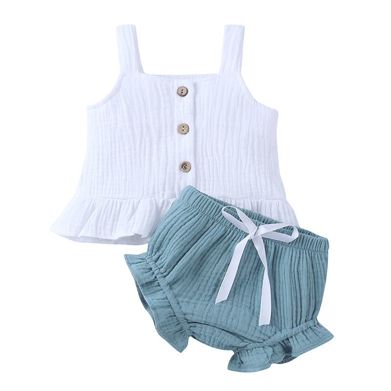 Conyson Wholesale Summer Kids Clothes Outfit Little Girls Halter Vest Shorts Linen 2 piece Princess Boutique baby clothes Set