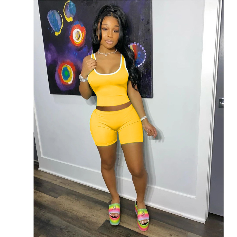 Conyson Summer Custom Logo 2 Piece Short Clothes Set Women Casual Solid Sleeveless Vest Loungewear Women Clothing Suits