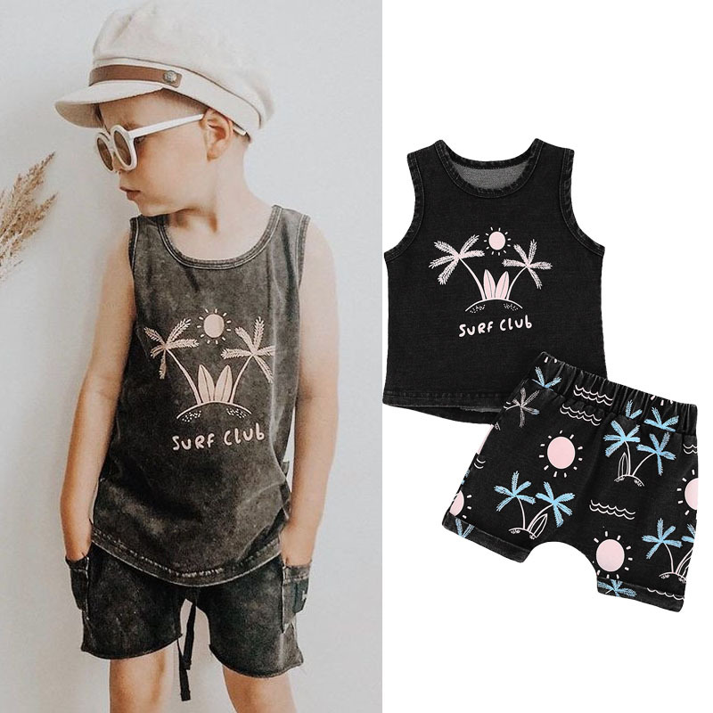 Conyson Wholesale Summer Causal Boys Clothes Sets Beachwear Trees Printed Sleeveless Pullover Vest Tops Shorts Kids Clothes Kid