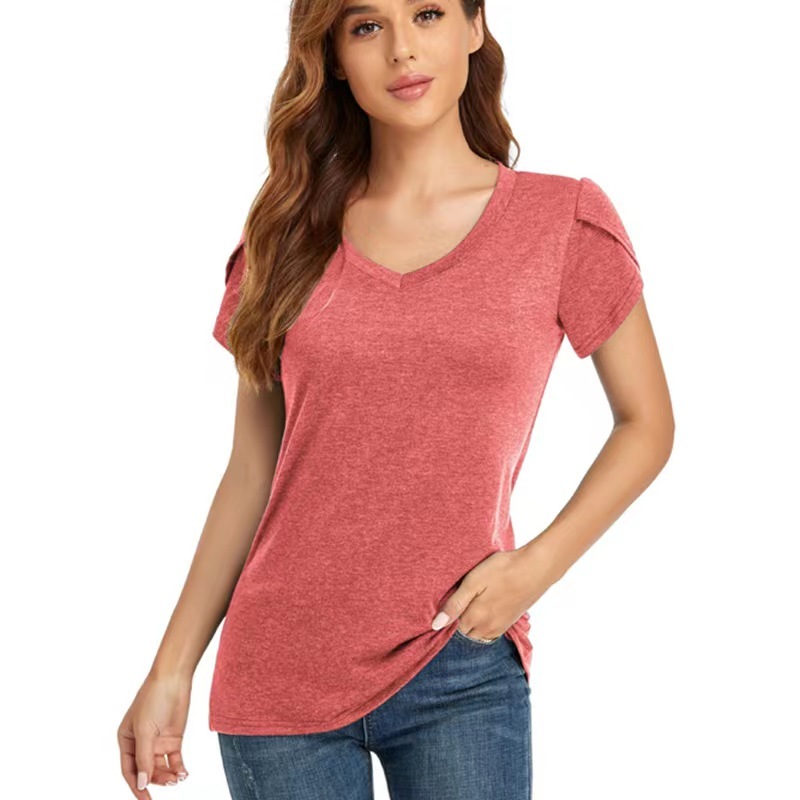 Conyson Hot Wholesale Casual Style Spring Summer Plain V Neck Petal Sleeve Loose Oversize Women White Tops Short T-shirt