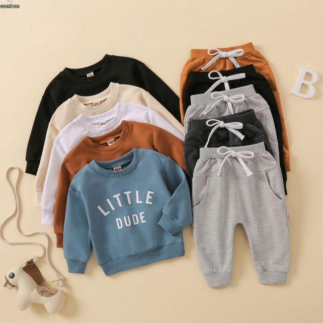 Conyson high quality solid color korea fall children printed unisex kids fashion boutique clothing boy girls cotton clothes sets