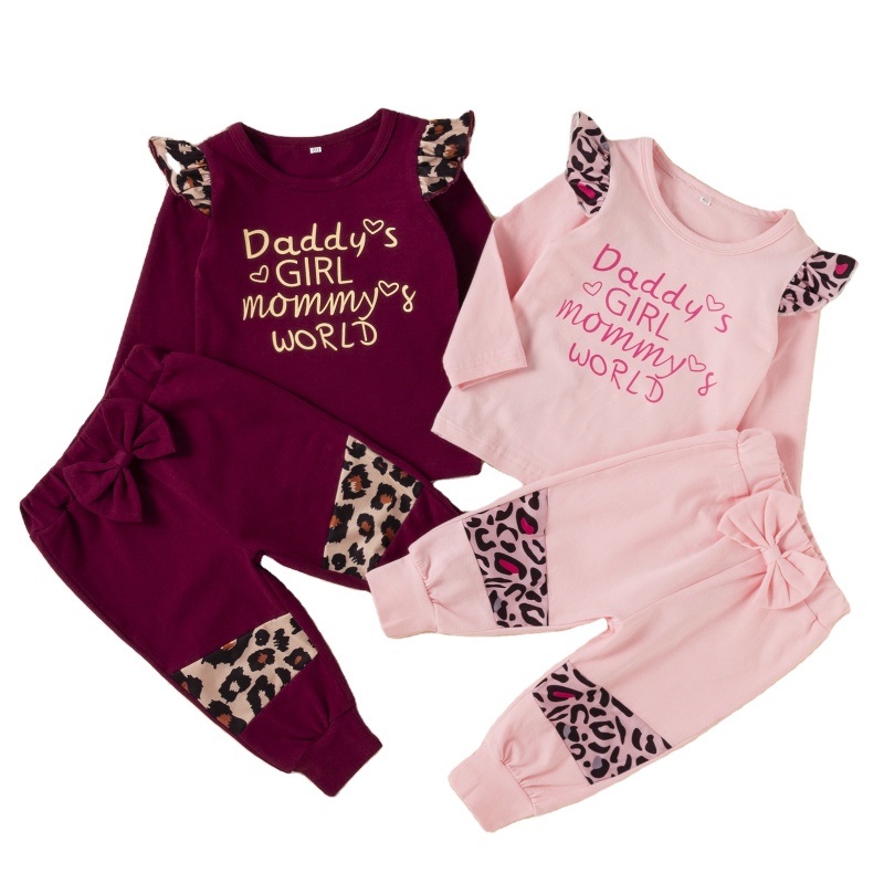 New Splicing Printing Flying Sleeve Bow Three-piece Suit Winter Children's Girls Leopard Letter Kids Clothes Girls Sets