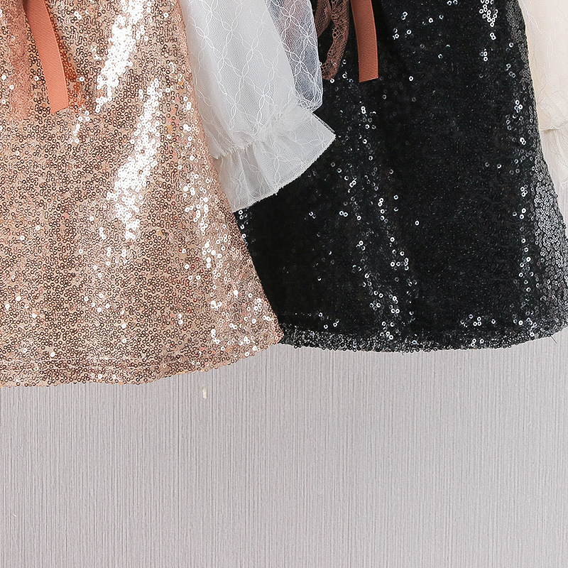 Conyson New Fall Kids Girl Clothing Mesh Long Ruffle Sleeve Shiny Sequin Bow Mid Dress Elegant Princess Party Dresses