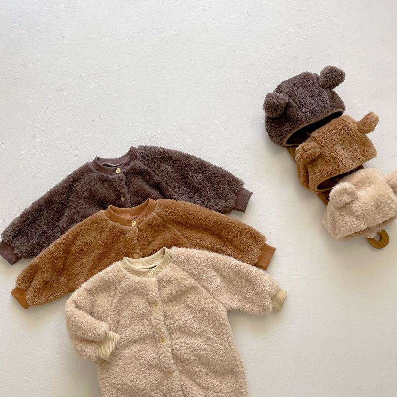 Infant Korean Soft conyson Sleepwear Baby Rompers Knitted Boys Girls bear Jumpsuits 2 Piece Toddler Kids warm hat Sleepwear