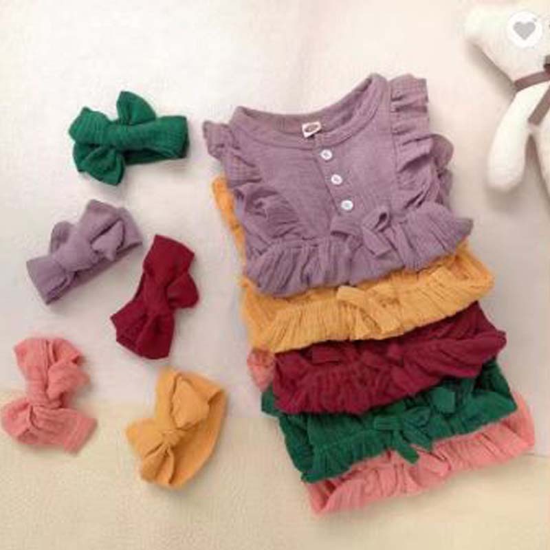 Conyson Newborn Baby Clothes Summer Jumpsuit Headband 2pcs Sets Sleeveless Custom Infant Ruffles Short Baby Girls' Romper