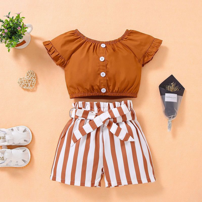 Conyson Wholesale New Arrivals Summer Kids Cute T-shirt And Striped Shorts 2Pcs Pants Little Girls' Clothing Sets