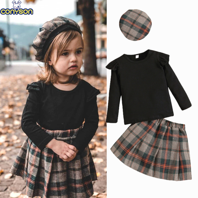 Conyson New Arrival Spring Hot Sale Ruffle Strip Knitted Pullover plaid pleated Skirt With Hat Three Pcs  Baby Girl Clothing set