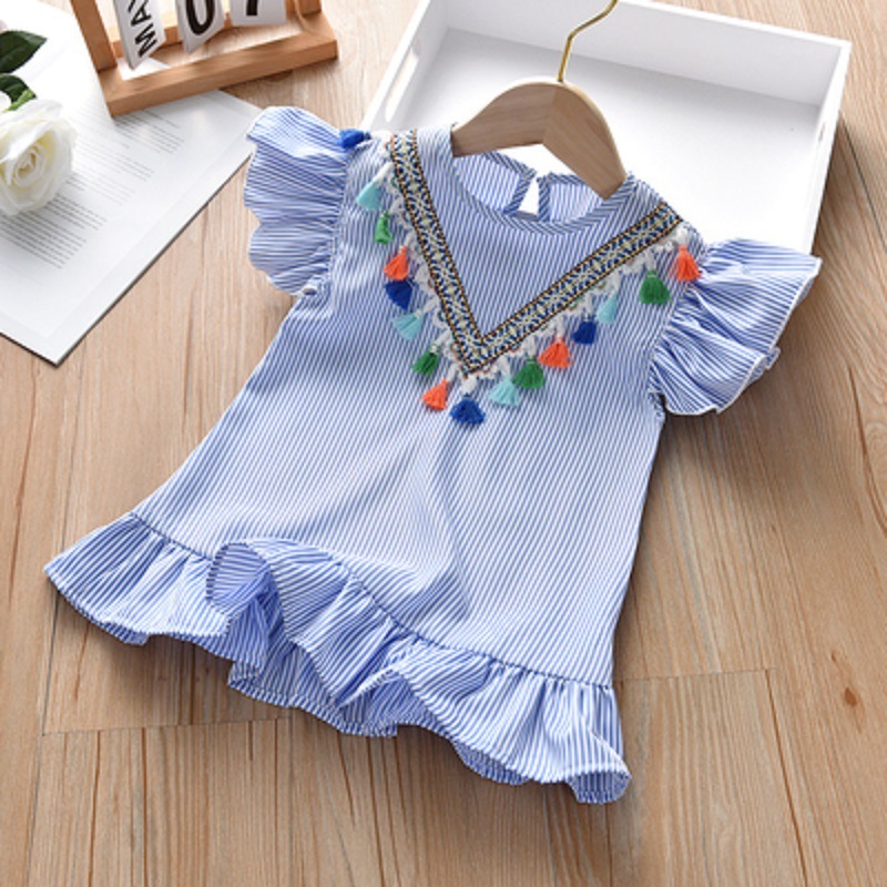 wholesale 2021 Summer Popular striped Round neck Ruffle Fly Sleeve parent-child clothes baby Girls Tassel Dress