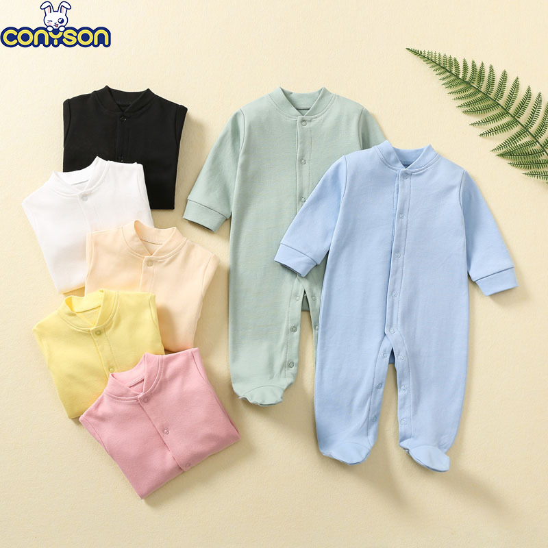 Conyson Hot Unisex New Born Solid Color Knit Organic Baby Clothes Jumpsuit Cotton Sweatshirt Long-Sleeved Bind Foot Baby Romper