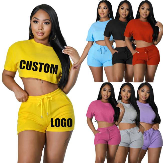 Wholesale rts fashion Custom logo Women solid Color Sportswear two-piece Ladies t-shirt Shorts Clothing Suit Summer Clothes set