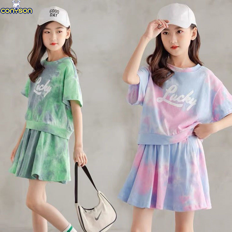 Conyson korea fashion teen kid Girl summer tie-dye t-shirt skirt cool clothes cotton casual children wear 2 pieces clothing sets