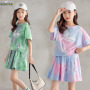Conyson korea fashion teen kid Girl summer tie-dye t-shirt skirt cool clothes cotton casual children wear 2 pieces clothing sets