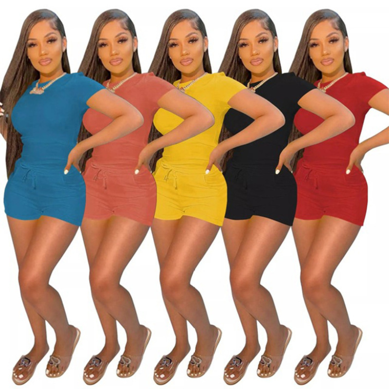 Conyson Short Sleeve T Shirt Solid Tracksuit New Custom Summer Women Athletic Jogger Suit Biker Shorts Outfits Two Piece Set