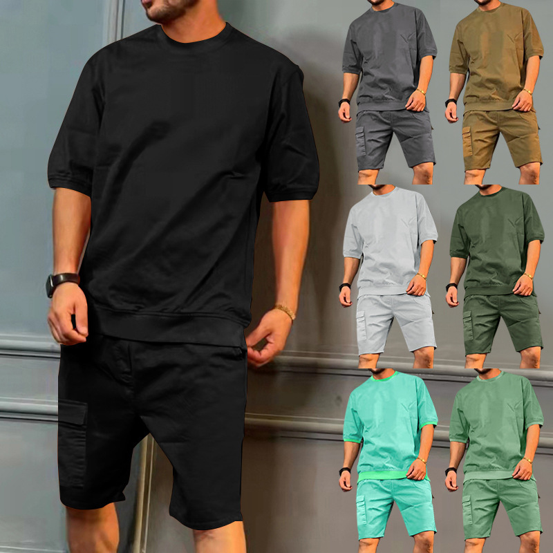 Custom Logo Men Set Sports Suit Casual Training Wear Gym Outfits 2 Piece Tracksuit Solid Short Sleeve T Shirts Shorts Outfits