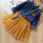 Conyson Long Sleeve Cartoon Embroidered Denim Shirt Suit Skirt + bag 3Pcs Girls Dress kids clothing Sets