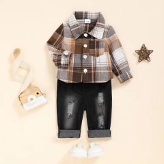 Conyson High Quality Stock Lots Spring Autumn Long Sleeve Plaid Design Boys Girls Children's Western Style Casual Clothing Set