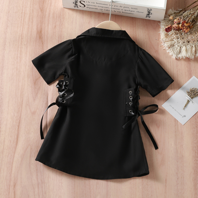 Conyson Summer Black White Jacket Solid Dress Short Sleeve Lapel Buttons Bandage Waist Blazer Baby Girls Clothes Dresses