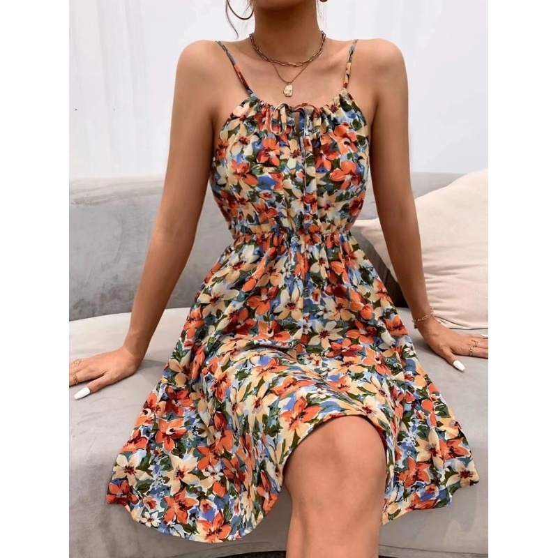 Conyson Dropshipping New Hot Sale Arrival Summer Sleeveless Floral Printed Simple Flavor Women's Flare Loose Vintage Dress