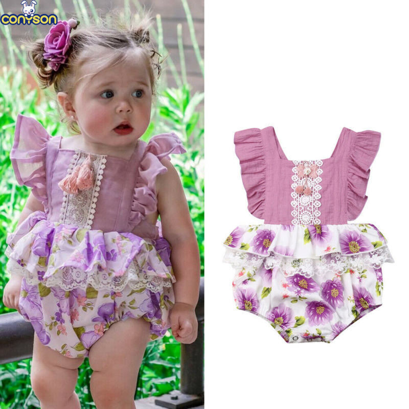 Conyson Hot Sale New Designer European Kids Clothes Princess Sleeveless Jumpsuit Flower Print Hairball Lace Baby Girls Rompers