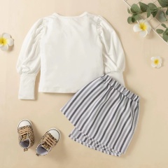 Conyson Spring Autumn New Arrivals Two Piece Set Puff Sleeve Tops Stripe Hypotenuse Short Skirt Baby Girls' Clothing Sets