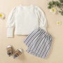 Conyson Spring Autumn New Arrivals Two Piece Set Puff Sleeve Tops Stripe Hypotenuse Short Skirt Baby Girls' Clothing Sets
