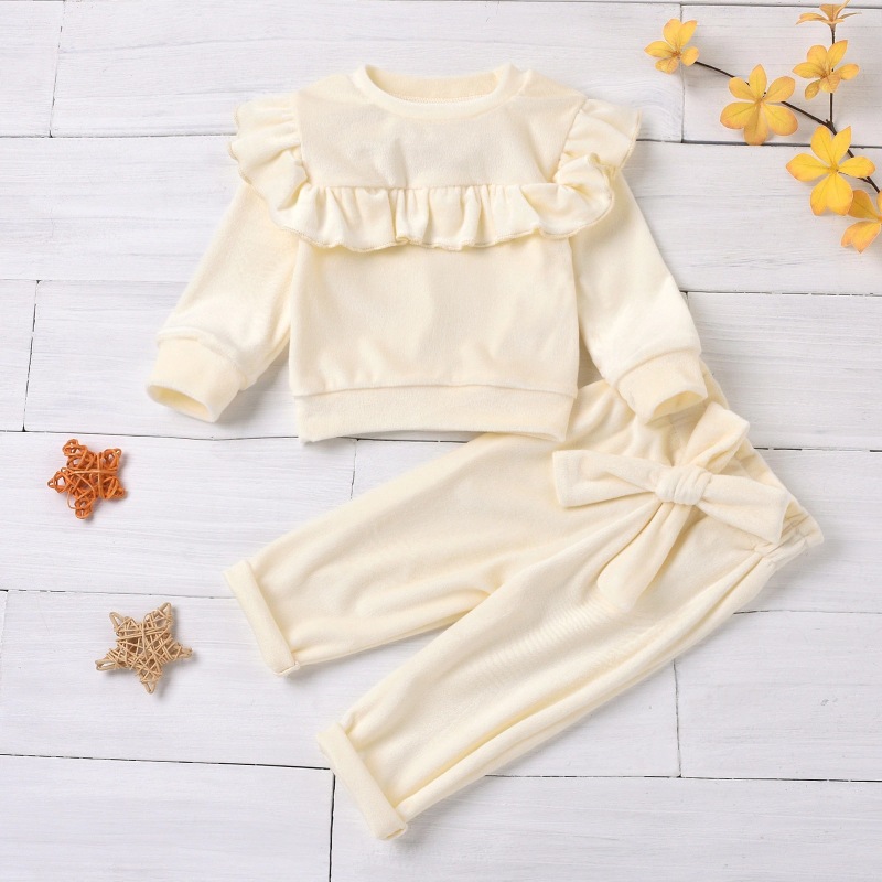 Winter Warm Toddler Baby Girls Velvet Outfits Sets Round Neck Ruffle Trim Top Elastic Waist Pant 2pcs Kid Clothes