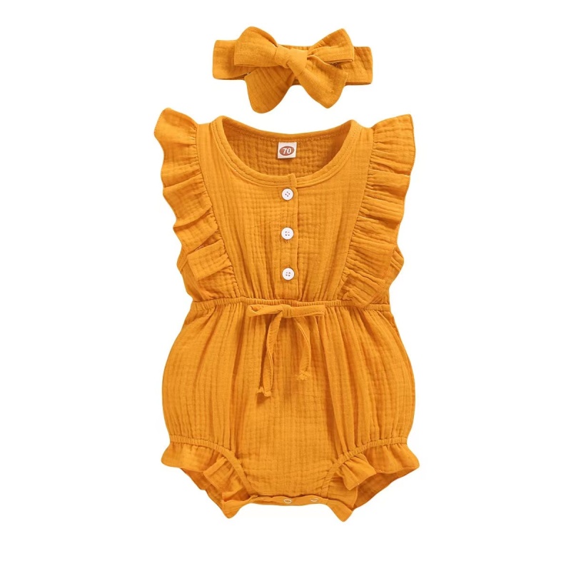 Conyson Newborn Baby Clothes Summer Jumpsuit Headband 2pcs Sets Sleeveless Custom Infant Ruffles Short Baby Girls' Romper