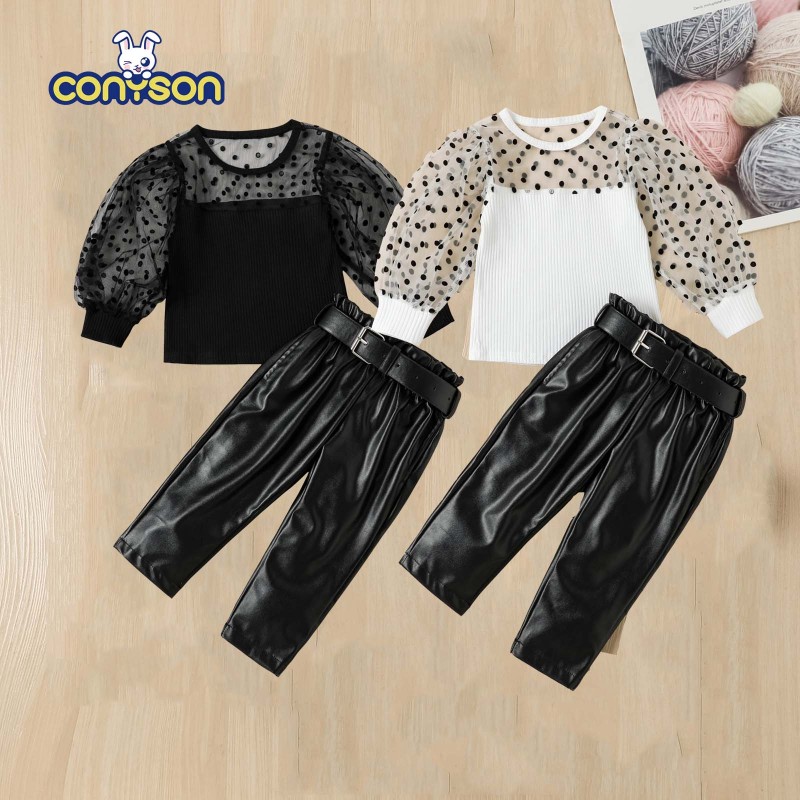 Conyson Casual Kids Girl Clothes Mesh Sweater Leather Pants Outfits Dot Print Long Puff Sleeved Top PU Trousers 2pcs Girls Sets