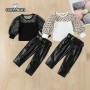 Conyson Casual Kids Girl Clothes Mesh Sweater Leather Pants Outfits Dot Print Long Puff Sleeved Top PU Trousers 2pcs Girls Sets