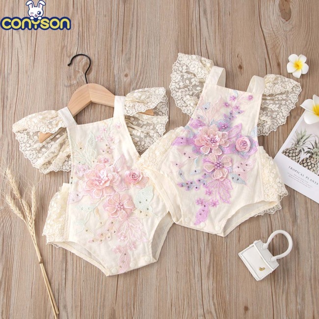 Conyson Wholesale Latest Design Summer Fluffy Lace Embroidery Boutique Flowers Girls Jumpsuit newborn Baby Rompers