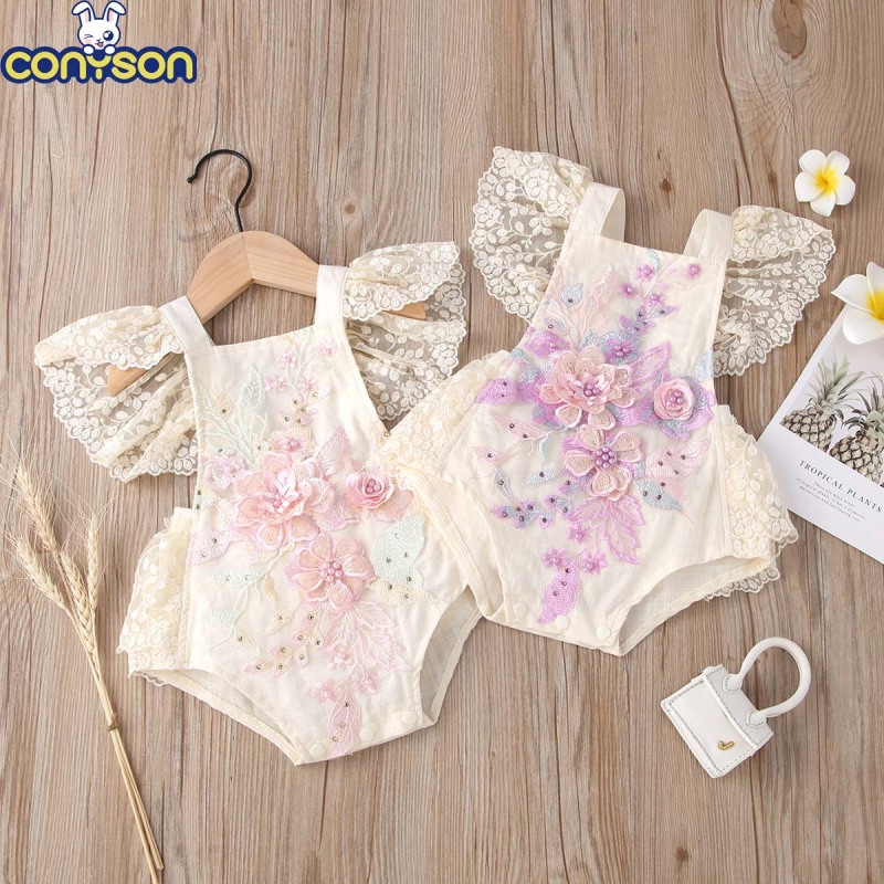 Conyson Wholesale Latest Design Summer Fluffy Lace Embroidery Boutique Flowers Girls Jumpsuit newborn Baby Rompers