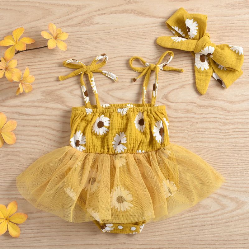 Conyson Newborn Baby Solid Short Headbands kids girls sunflower summer clothing sets Hot Sale Suit Baby Girl Romper Clothes sets