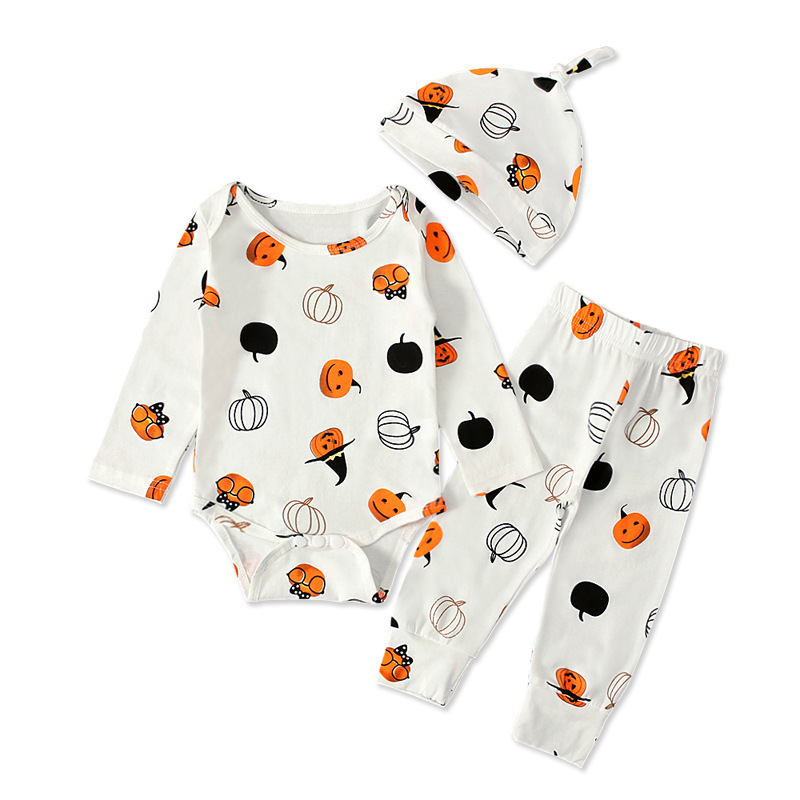 Toddler Romper Boy Girl Baby Halloween Clothes Print Ghost Pumpkin Newborn Long Sleeve Playsuit Pants With Headband Suits